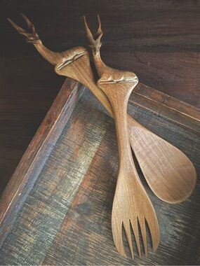 Hand Carved Wood Salad Servers Gazelle Antelope 13” Utensils
